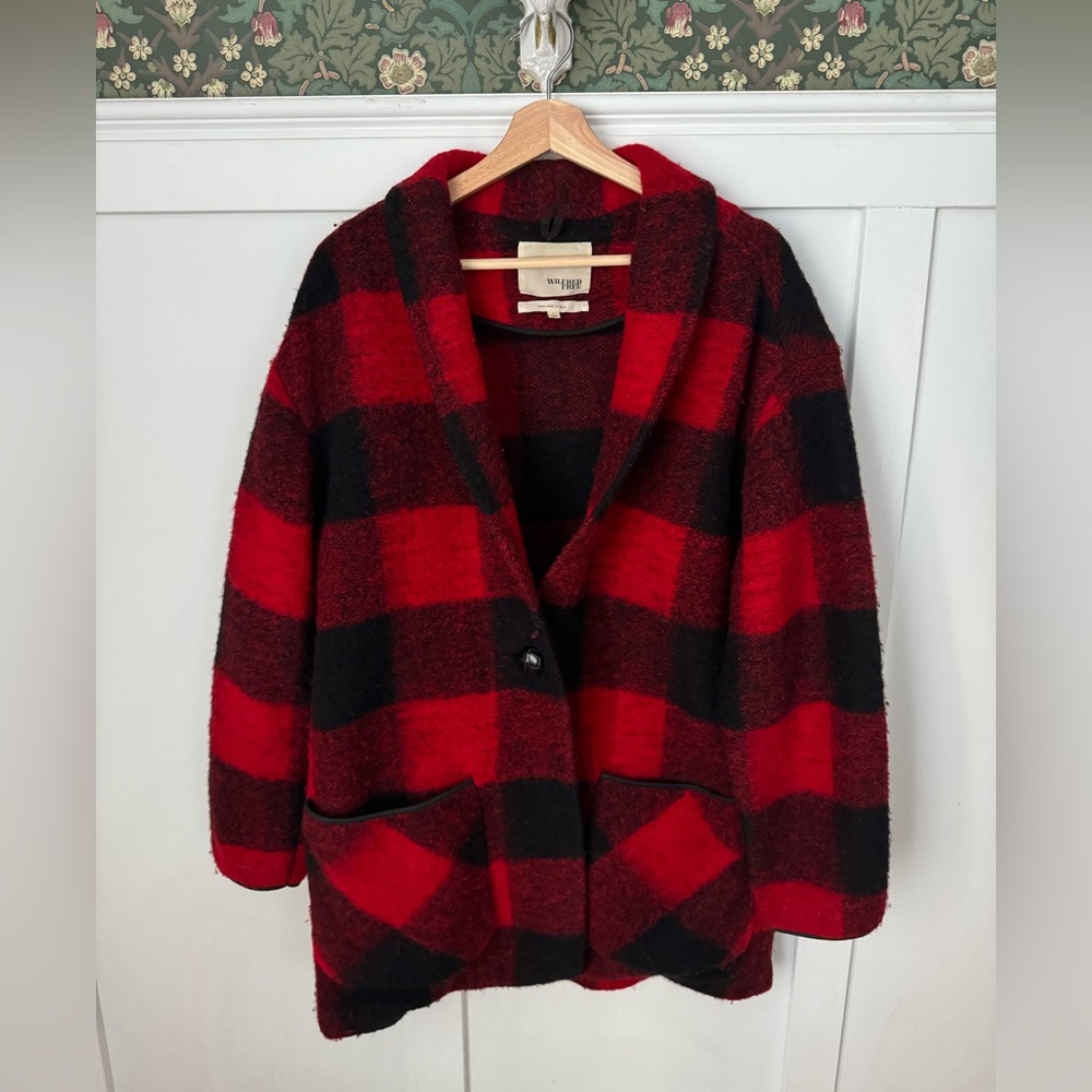 ARITZIA Wilfred Free Off-Duty Buffalo Plaid Wool Coat in Red & Black Size Large